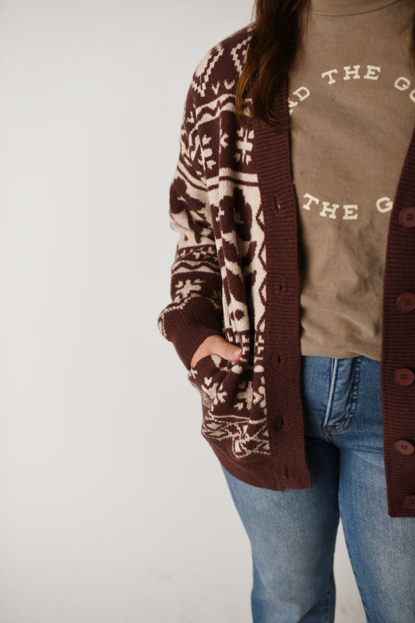 Floral Aztec Patterned Knit Cardigan in Mocha