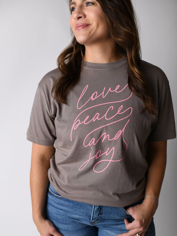 LOVE PEACE AND JOY TEE IN MUSHROOM